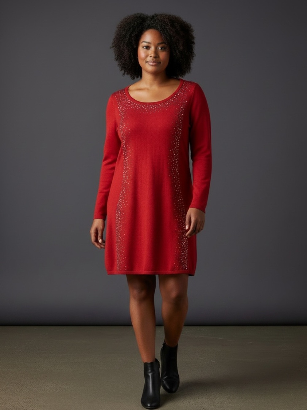 Sweater Dress Red Long Sleeve Scoop Neck Knited w/Embellished Detail size 8